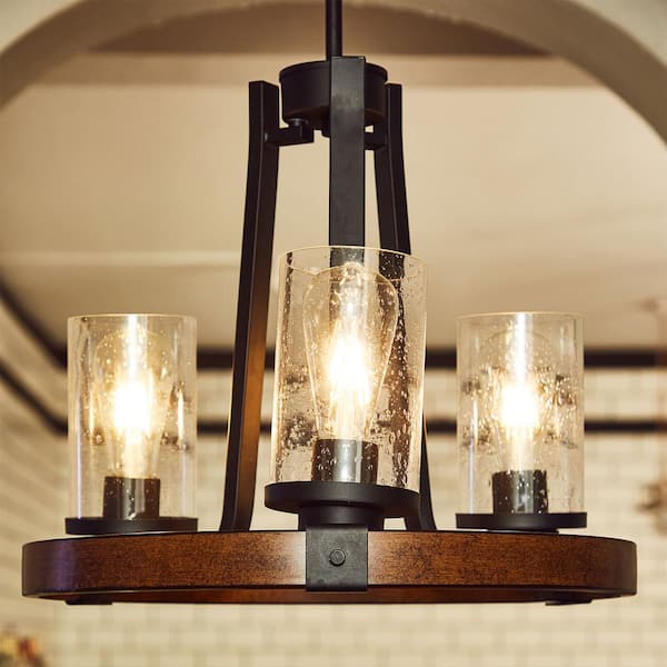 3-Light Matte Black Chandelier with Clear Seeded Glass Shades