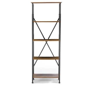 74.25 in. Medium Brown Metal 4-shelf Etagere Bookcase with Open Back