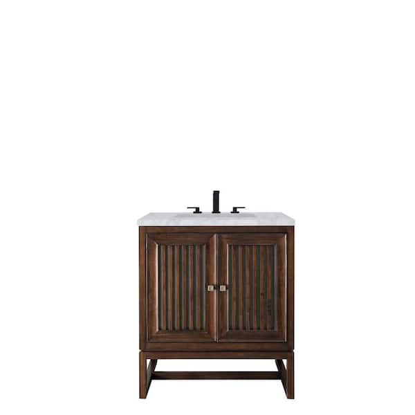 James Martin Vanities Athens 30 in. W x 23.5 in. D x 34.5 in. H Bath Vanity in Mid Century Acacia with Carrara White Marble Top & Basin
