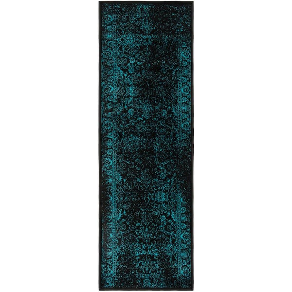 Adirondack Black/Teal 3 ft. x 10 ft. Border Distressed Runner Rug