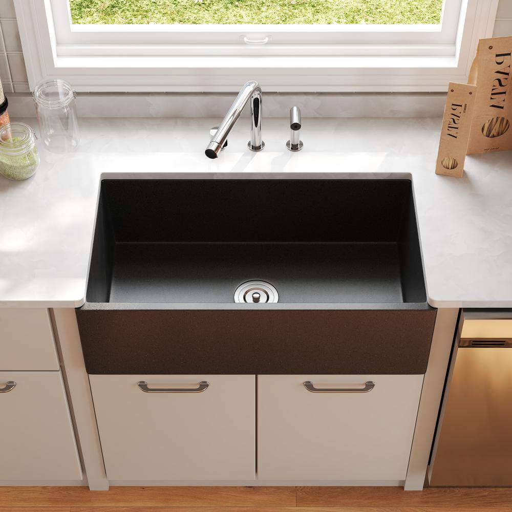 Dark Brown Concrete Farmhouse Kitchen Sink with Stainless Steel Grid