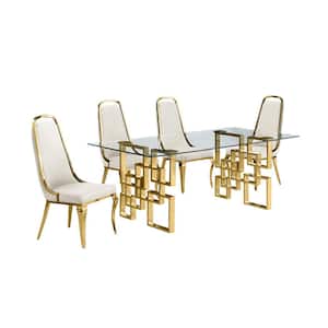 Dominga 5-Piece Glass Top with Gold Stainless Steel Set with 4 Cream Velvet Chairs.
