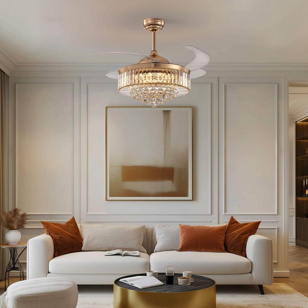 42-Inch Gold Crystal Retractable Ceiling Fan with LED Light and Remote