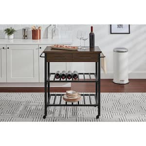 Blake Industrial Black Metal Frame Rolling Kitchen Cart with Walnut Top, Double-Drawer Storage and Shelves (35" W)