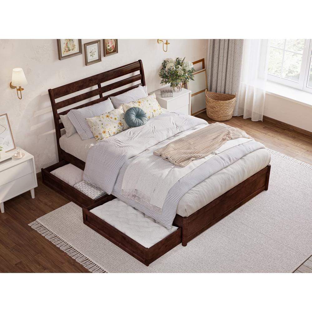 Emelie Full Walnut Wood Platform Bed with Storage Drawers