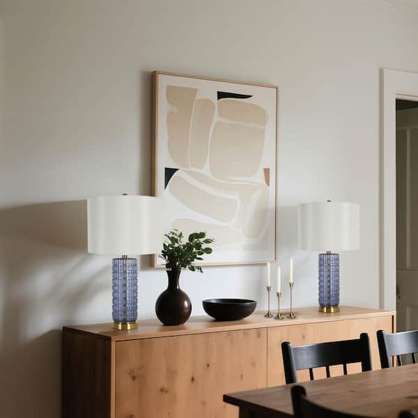 Modern 28 in. Plated Brass Coastal Blue Glass Table Lamp for Bedroom Living Room, Classic Metal Lamp with Fabric Shade