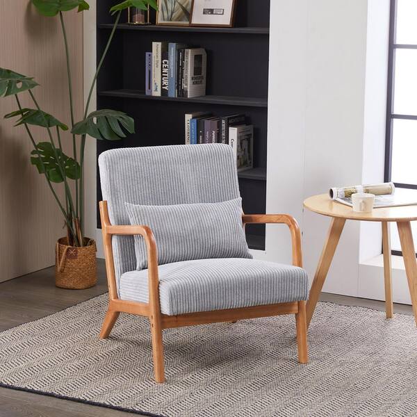 Seafuloy 28.74 in. Light Gray Fabric Arm Chair with Pillow, Solid Rubberwood Frame for Living Room Bedroom