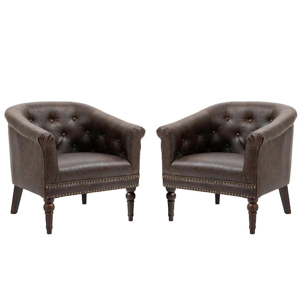 Uixe Mid-Century Chocolate PU Leather Button Upholstered Accent Chair with Solid Wood Legs(Set of 2)