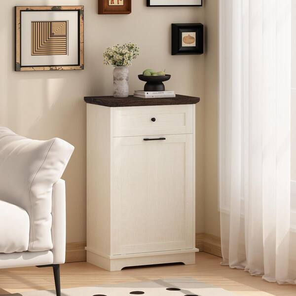 Antique White 10 Gal. Tilt-Out Freestanding Trash Bin Cabinet with Drawer