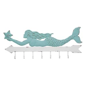 Aqua and White Metal Mermaid Wall Decor with 7-Hooks