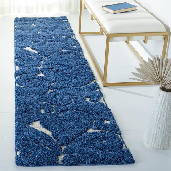 Florida Shag Dark Blue/Cream 2 ft. x 11 ft. Floral Runner Rug