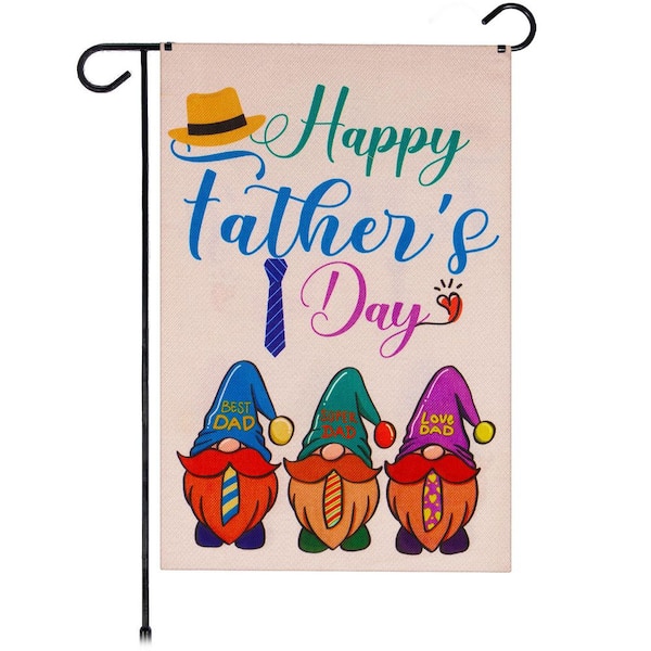G128 1 ft. x 1.5 ft. Happy Father's Day 3 Gnome Fathers 2-Sided Garden Flag Printed Blockout