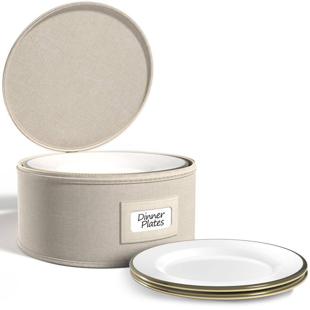Beige Fabric Dinnerware Storage, 12 in. x 6.25 in. China Plate Container Organizer for Dinner Plate with Lid, 1-Piece