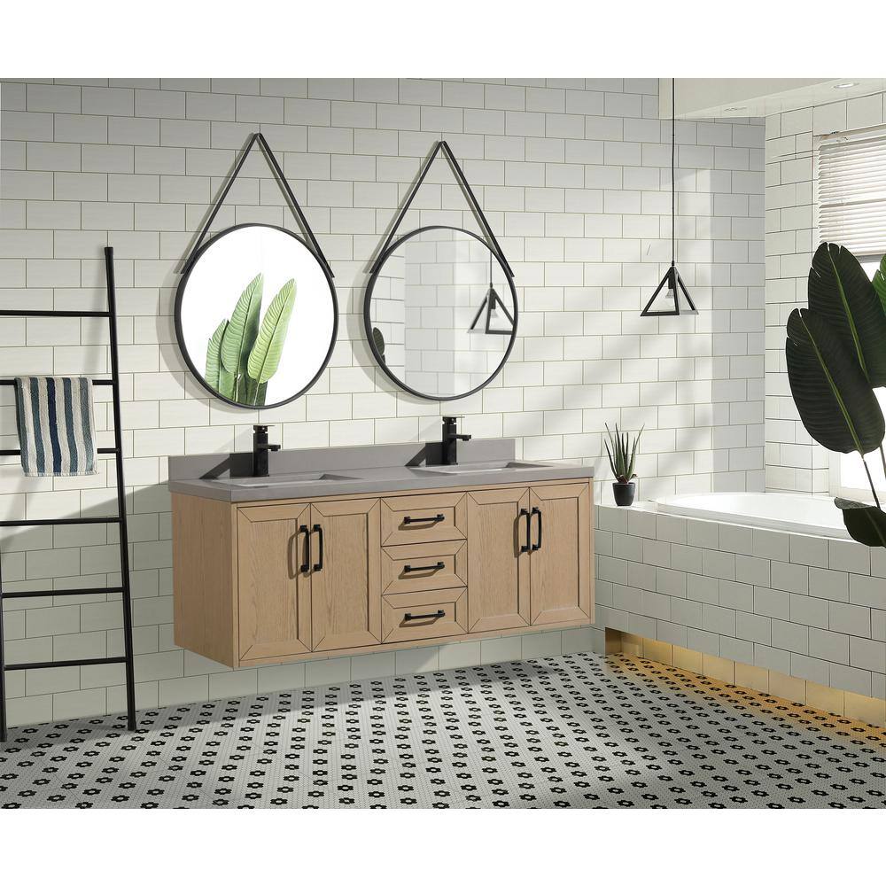 Venice 55" Oak Gray Double Sink Wall-Mount Vanity with Quartz Top