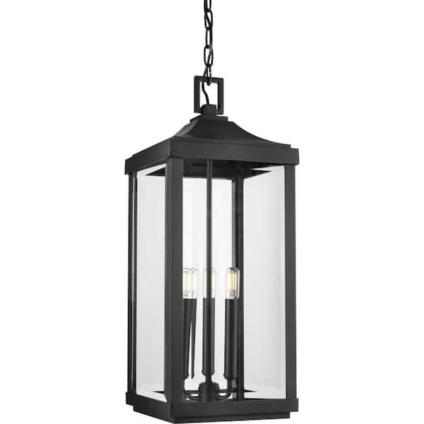 Gibbes Street Collection 3-Light Textured Black Clear Beveled Glass New Traditional Outdoor Hanging Porch Lantern Light
