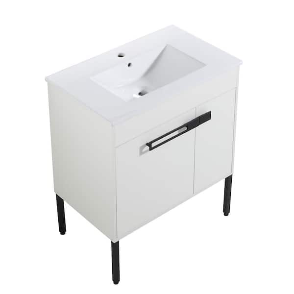 Logmey 30 in. W x 18 in. x 34 in. H Bath Vanity in White Straight Grain with White Ceramic Top