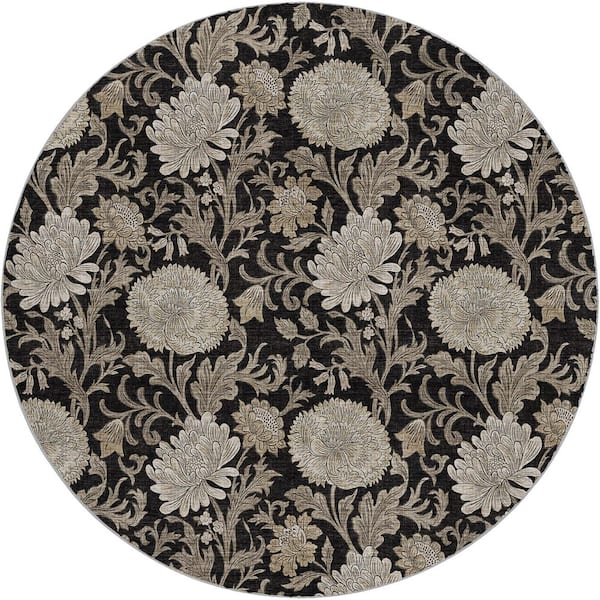 Dream Shag Premium Machine Washable Abstract ADS677 Black 8 ft. x 8 ft. Round Rug
