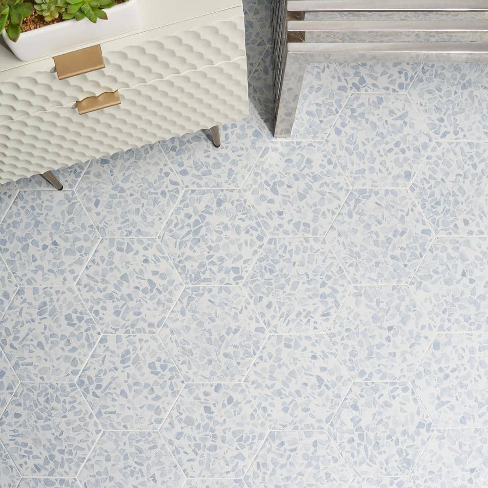 Fusion Hex Blue Terrazzo Matte Porcelain Floor and Wall Tile