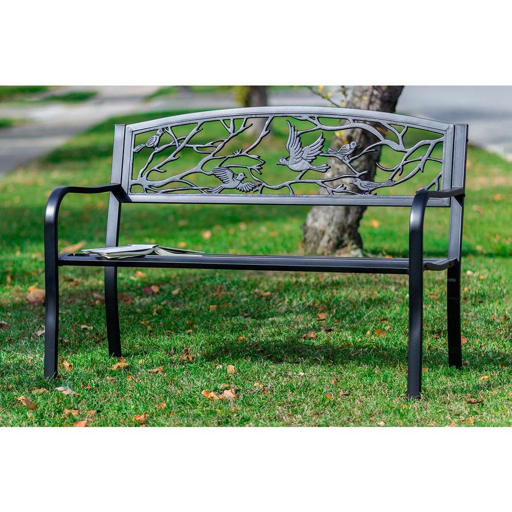 Black Metal Birds and Branches 48" Garden Bench