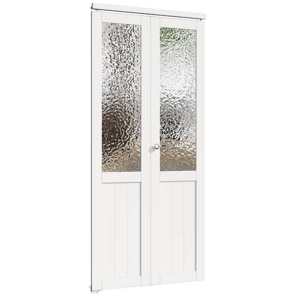36 in. x 80 in. 1/2 Lite Tempered Kasumi Ripple Glass Solid Core White Finished Glass Closet Bifold Door with Hardware
