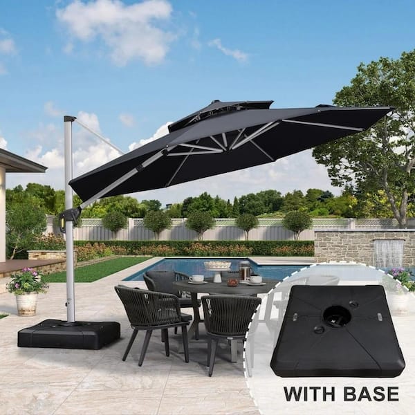 12 ft. Octagon High-Quality Aluminum Cantilever Outdoor Patio Umbrella with Stand, Gray