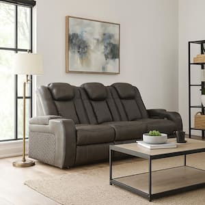 Fynne 85.0 in. Round Arms Faux Leather Rectangle LED Power Reclining Sofa in Shadow Gray