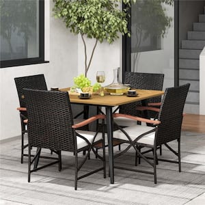 Brown 5-Piece Wood Square 29.5 Outdoor Dining Set with Off White Cushions 1.9 in. Umbrella Hole