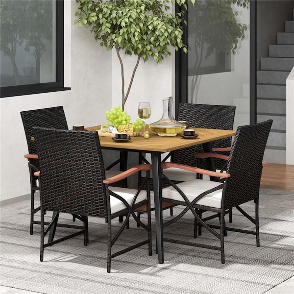 Costway Brown 5-Piece Wood Square 29.5 Outdoor Dining Set with Off White Cushions 1.9 in. Umbrella Hole
