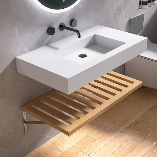 35 in. x 19 in. x 4 in. White Solid Surface Wall-Mounted Bathroom Vessel Sink with Plywood Shelf