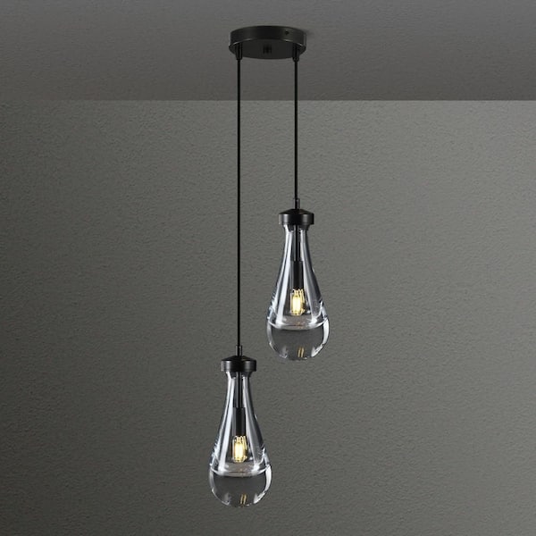 5 in. 2-Light Dimmable LED Raindrop Kitchen Island Pendant Light, Black Teardrop Glass Pendant Light for Living Room