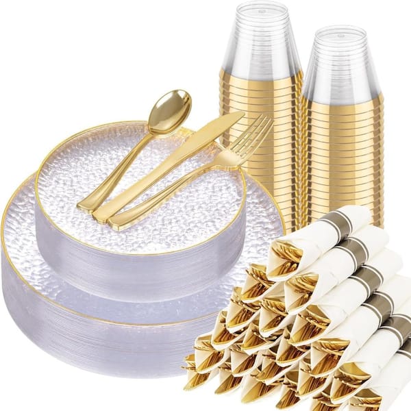 175-Piece Clear Plastic Dinnerware Set with Gold Rim Includes 25 Dinner Plates 25 Dessert Plates 25 Cups
