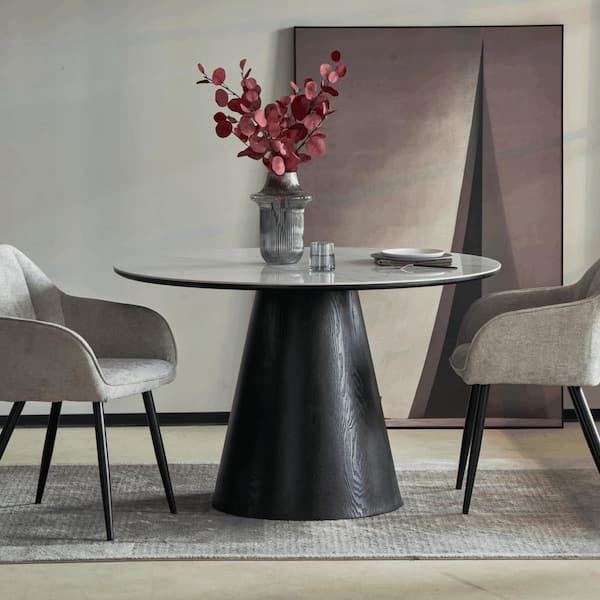 Leisuremod Riven Mid-Century Modern Black Sintered Stone Top 47.24 in. Pedestal Dining Table Seats 4