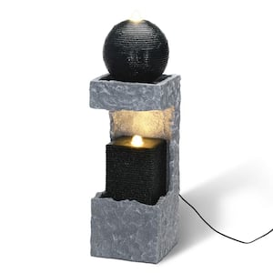 34.75 in. H Tall Modern Black and Grey Geometric Outdoor Polyresin Waterfall Fountain with LED Light and Pump