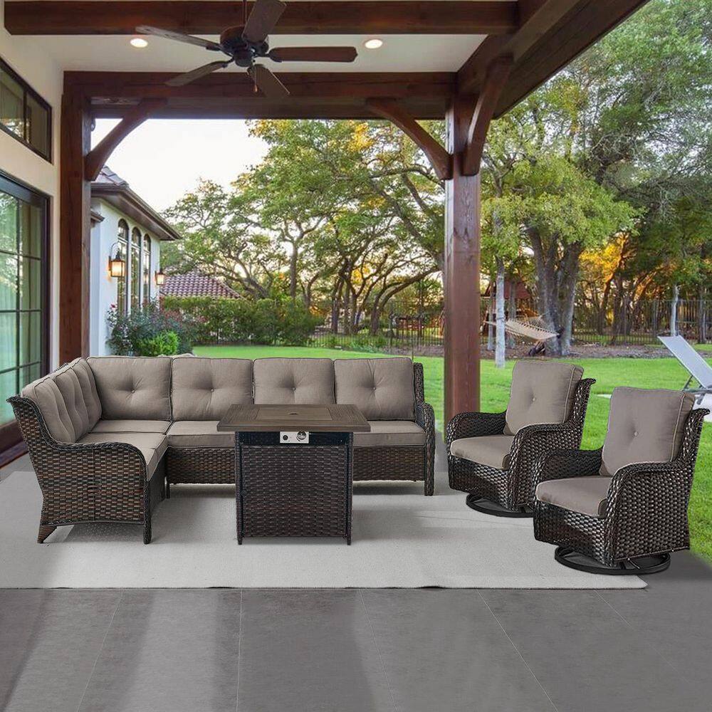 Brown 4-Piece Wicker Patio Fire Pit Set, Outdoor Sectional Seating Set with Olefin Gray Cushions and Swivel Rockers price history on PriceWatchPro