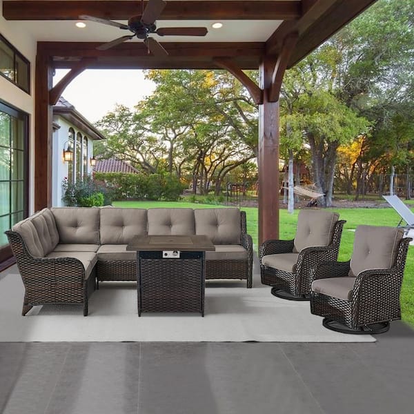 Opohoro Brown 4-Piece Wicker Patio Fire Pit Set, Outdoor Sectional Seating Set with Olefin Gray Cushions and Swivel Rockers