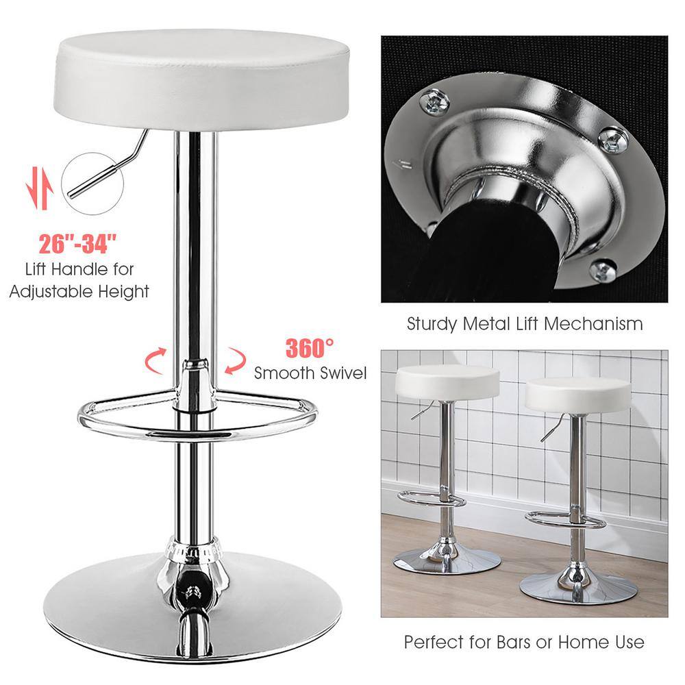 White Adjustable Swivel Backless Metal and Leather Bar Stool