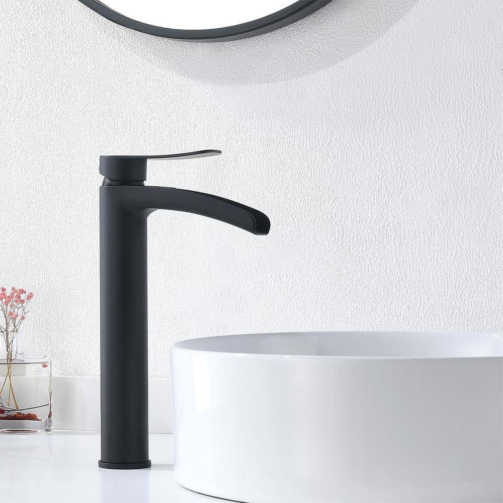 Matte Black Tall Single Handle Bathroom Faucet with Pop-Up Drain