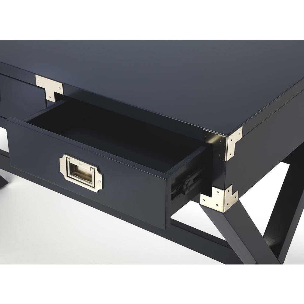 Blue Campaign Style Wood Writing Desk with Drawers