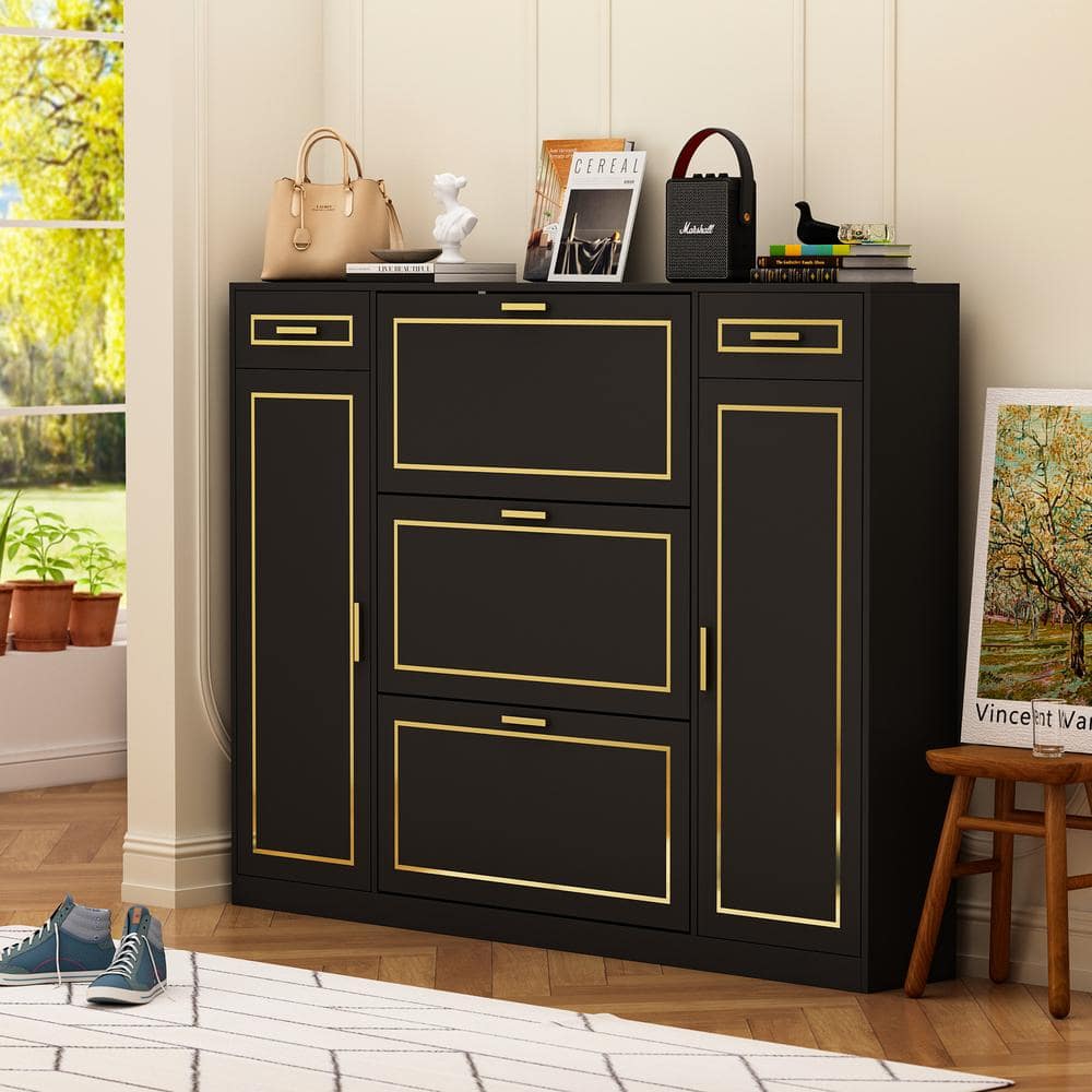 FUFU&GAGA 47.2 in. H x 47.2 in. W Wood Shoe Storage Cabinet Black Gold with 3-Drawers, 1-Cabinet for 27-Pairs