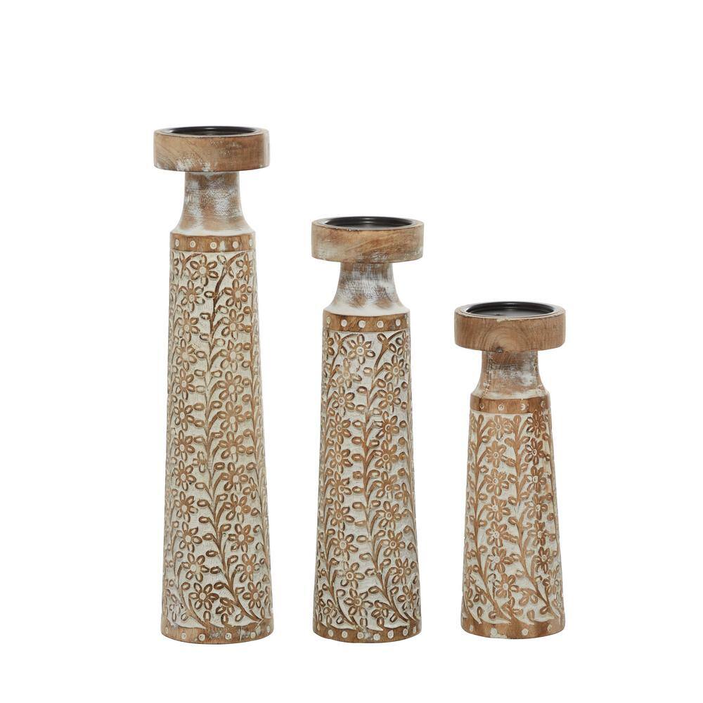 Rustic Elegance Mango Wood Carved Candle Holders, Brown Floral Set of 3