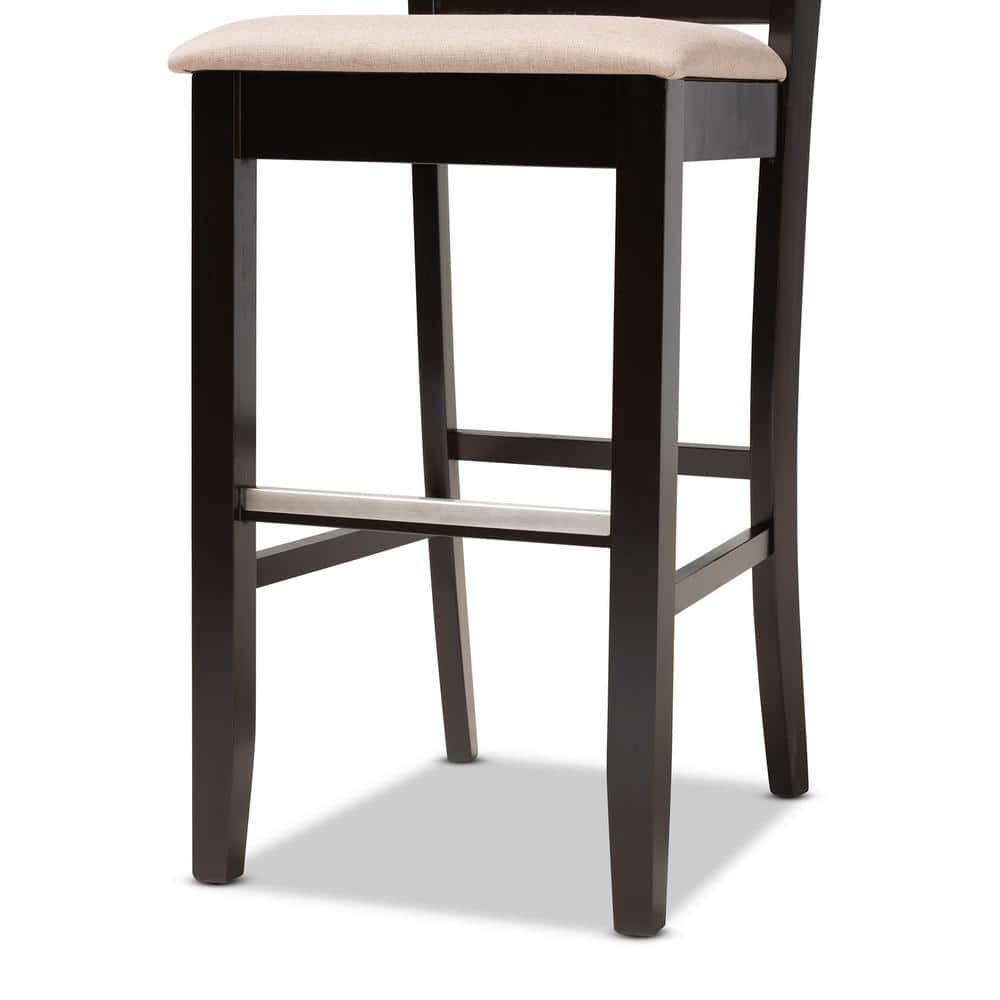 Set of 2 Sand Upholstered Oak Bar Stools with Espresso Finish