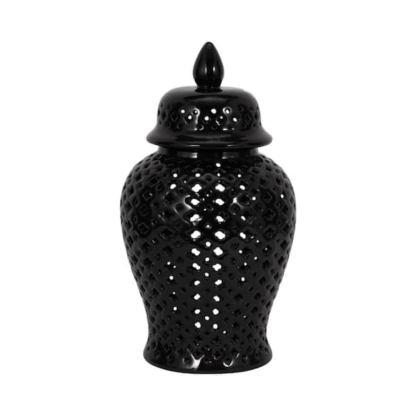 17 in. Black Stoneware Cut-out Clover Temple Jar