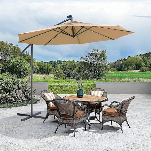 10 ft. Outdoor Cantilever Umbrella Offset Solar LED Patio Umbrella with 32 LED Lights, Vents and Crank in Taupe