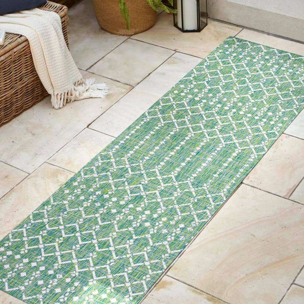Green and Ivory Geometric Flat Woven Runner Rug