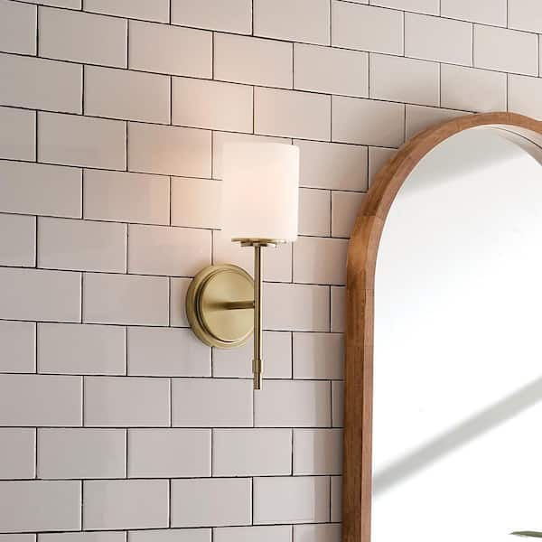 Ali 1-Light Brushed Natural Brass Bathroom Wall Sconce Light with Satin Etched Case Opal Glass Shade