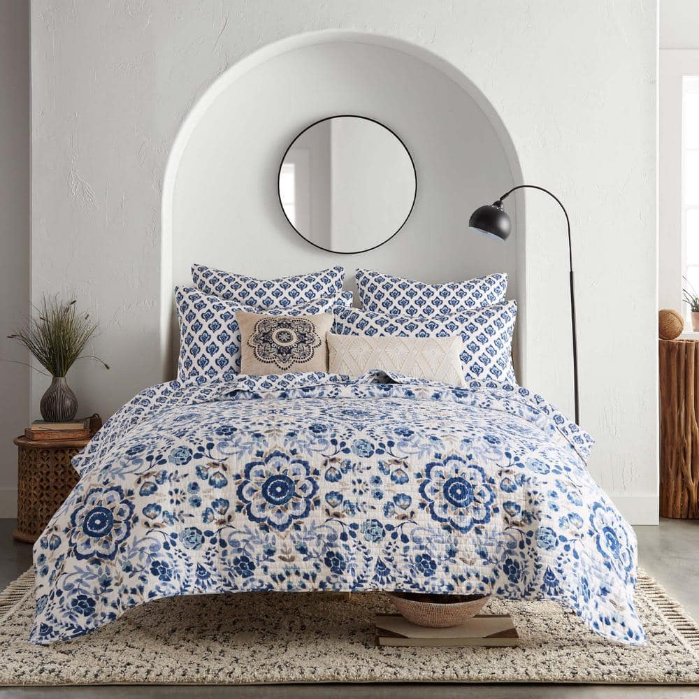18x18 Blue and Cream Embroidered Medallion Pillow