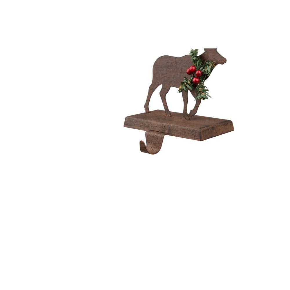 6.5" Brown and Green Wooden and Metal Reindeer Stocking Holder