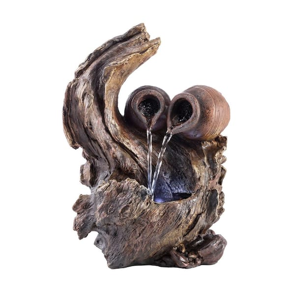 Alpine Corporation 14 in. Tall Indoor Tabletop Two Jars on a Tree Branch Fountain with LED Lights