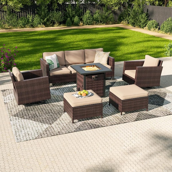 Sonkuki 6-Pieces Patio Conversation Set with Square Fire Pit Table and Swivel Rocking Chairs, Brown Wicker Sand Cushion
