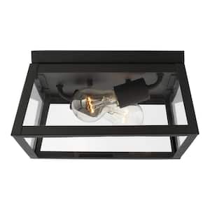Founders 2-Light Black Transitional Exterior Outdoor Ceiling Flush Mount with Clear and White Glass Panels Included